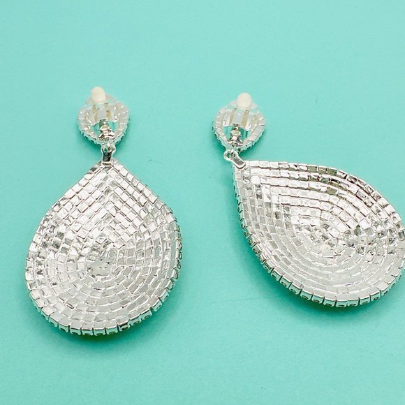 CLIP ON Large Silver Tone Tear Drop Rhinestone  Earrings - Picture 3 of 7